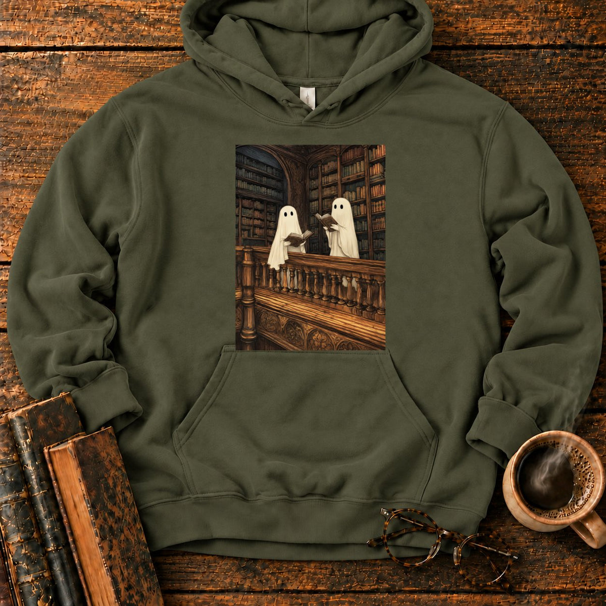 Ghosts Reading Library Balcony Hoodie in Military Green – BooksThreads