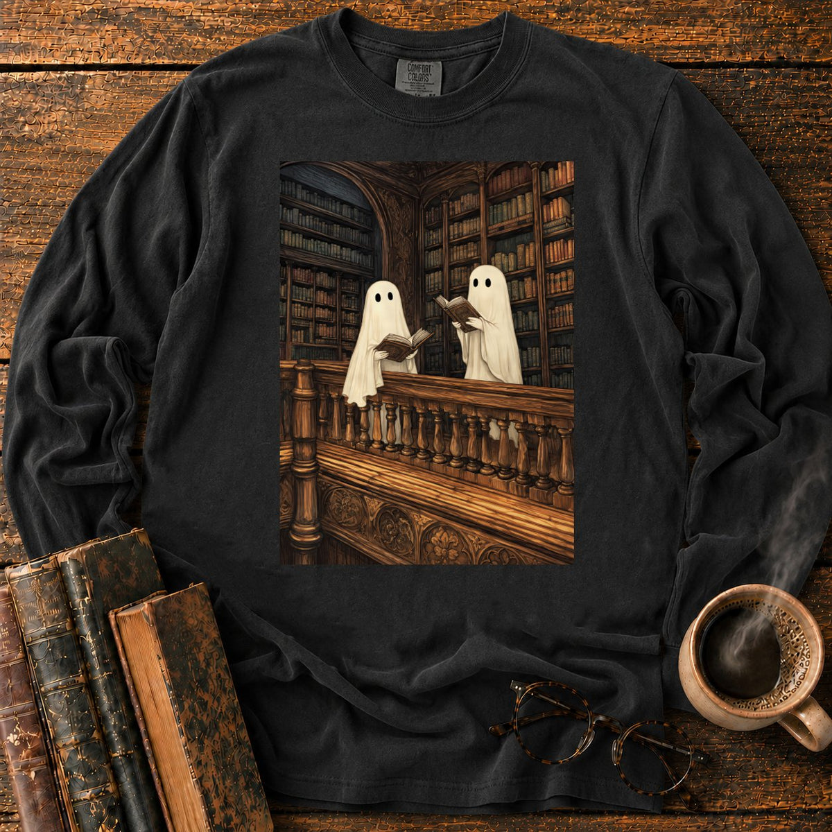 Ghosts Reading Library Balcony LS T-Shirt in Black – BooksThreads