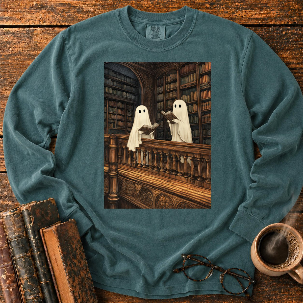 Ghosts Reading Library Balcony LS T-Shirt in Blue Spruce – BooksThreads