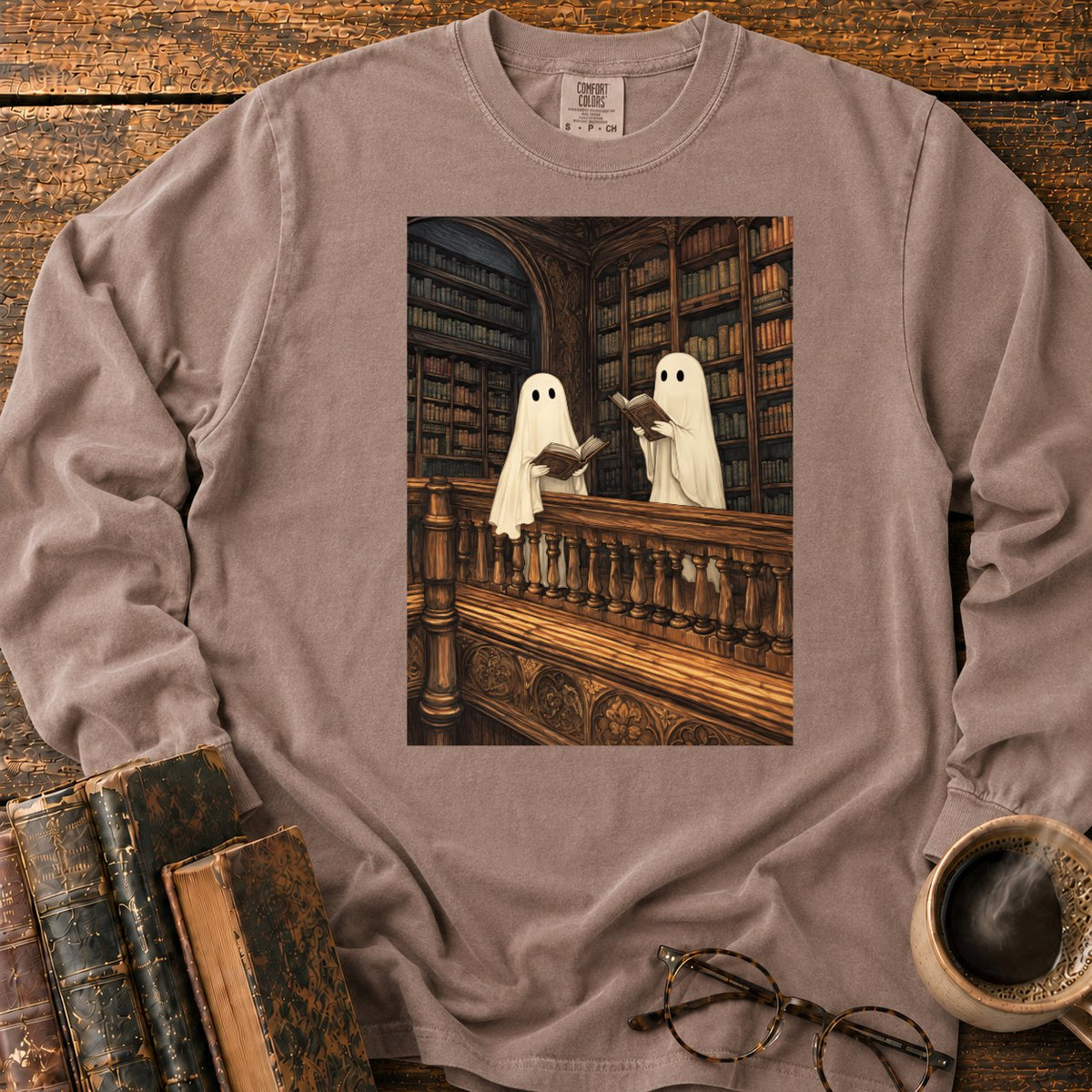 Ghosts Reading Library Balcony LS T-Shirt in Espresso – BooksThreads