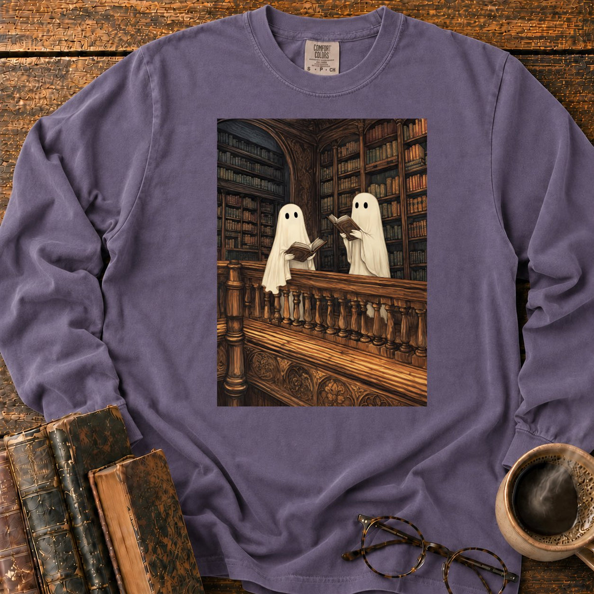 Ghosts Reading Library Balcony LS T-Shirt in Grape – BooksThreads
