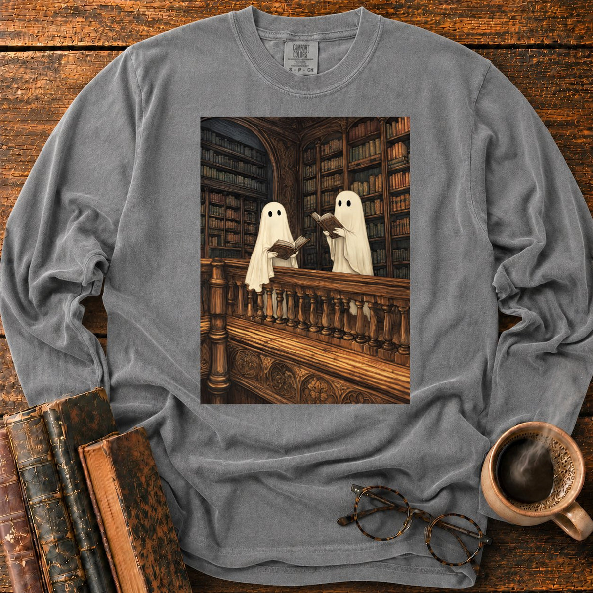Ghosts Reading Library Balcony LS T-Shirt in Pepper – BooksThreads