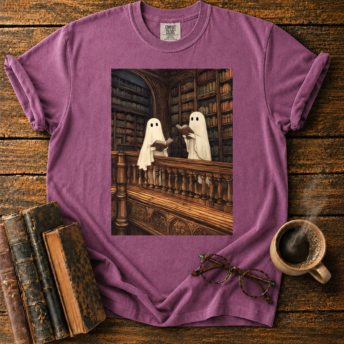 Ghosts Reading Library Balcony T-Shirt in Berry – BooksThreads