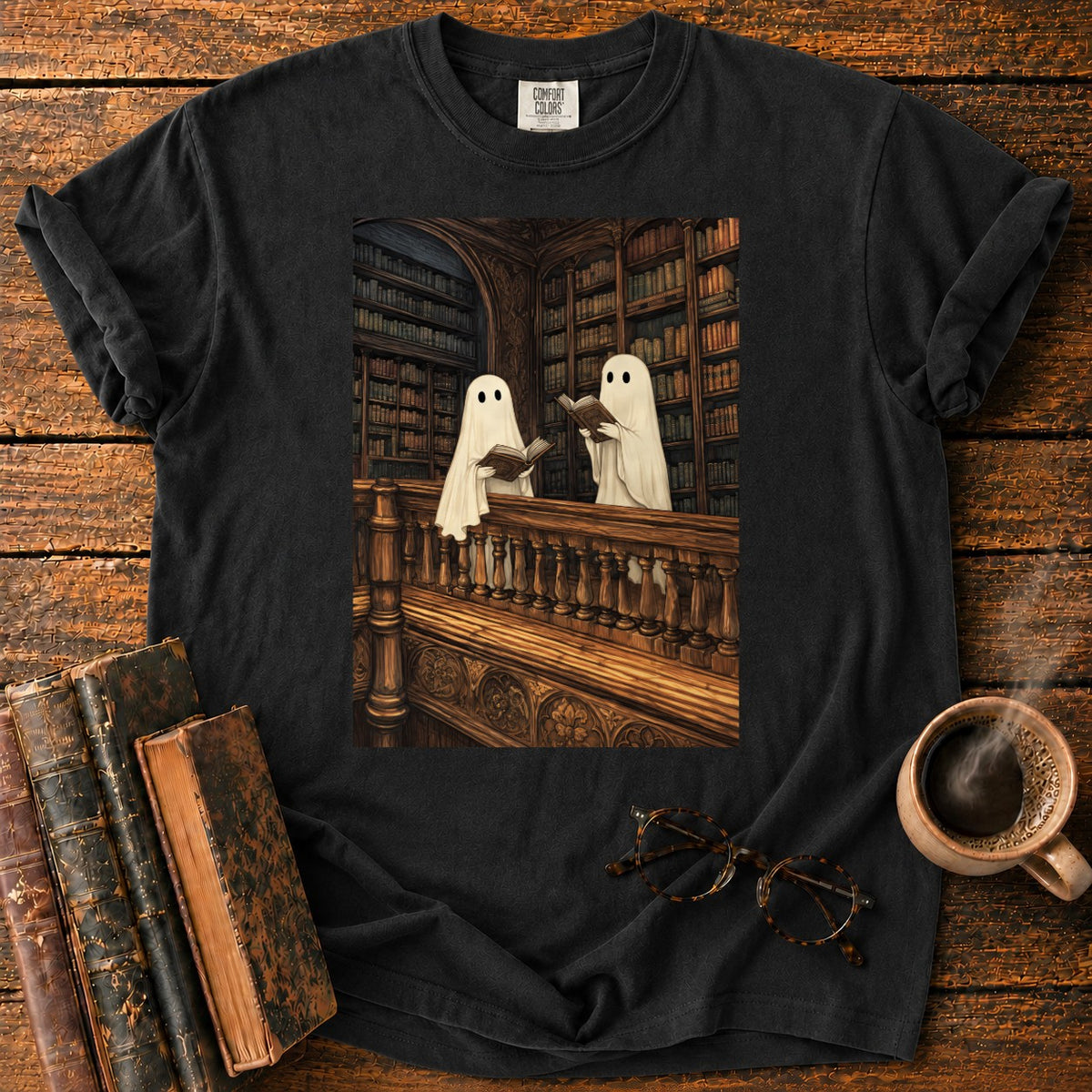 Ghosts Reading Library Balcony T-Shirt in Black – BooksThreads
