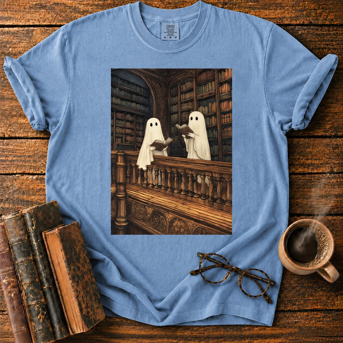 Ghosts Reading Library Balcony T-Shirt in Blue Jean – BooksThreads