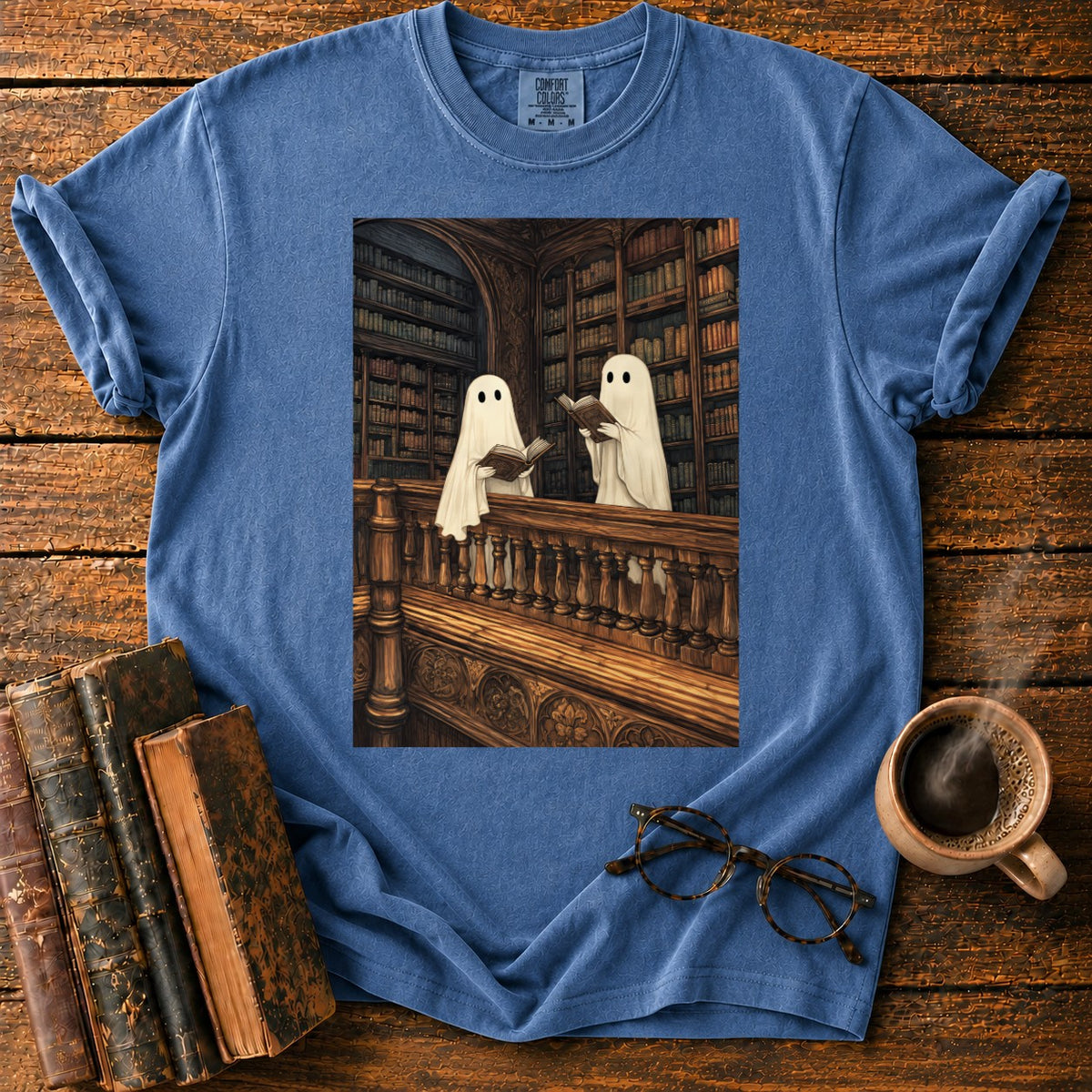 Ghosts Reading Library Balcony T-Shirt in Denim – BooksThreads