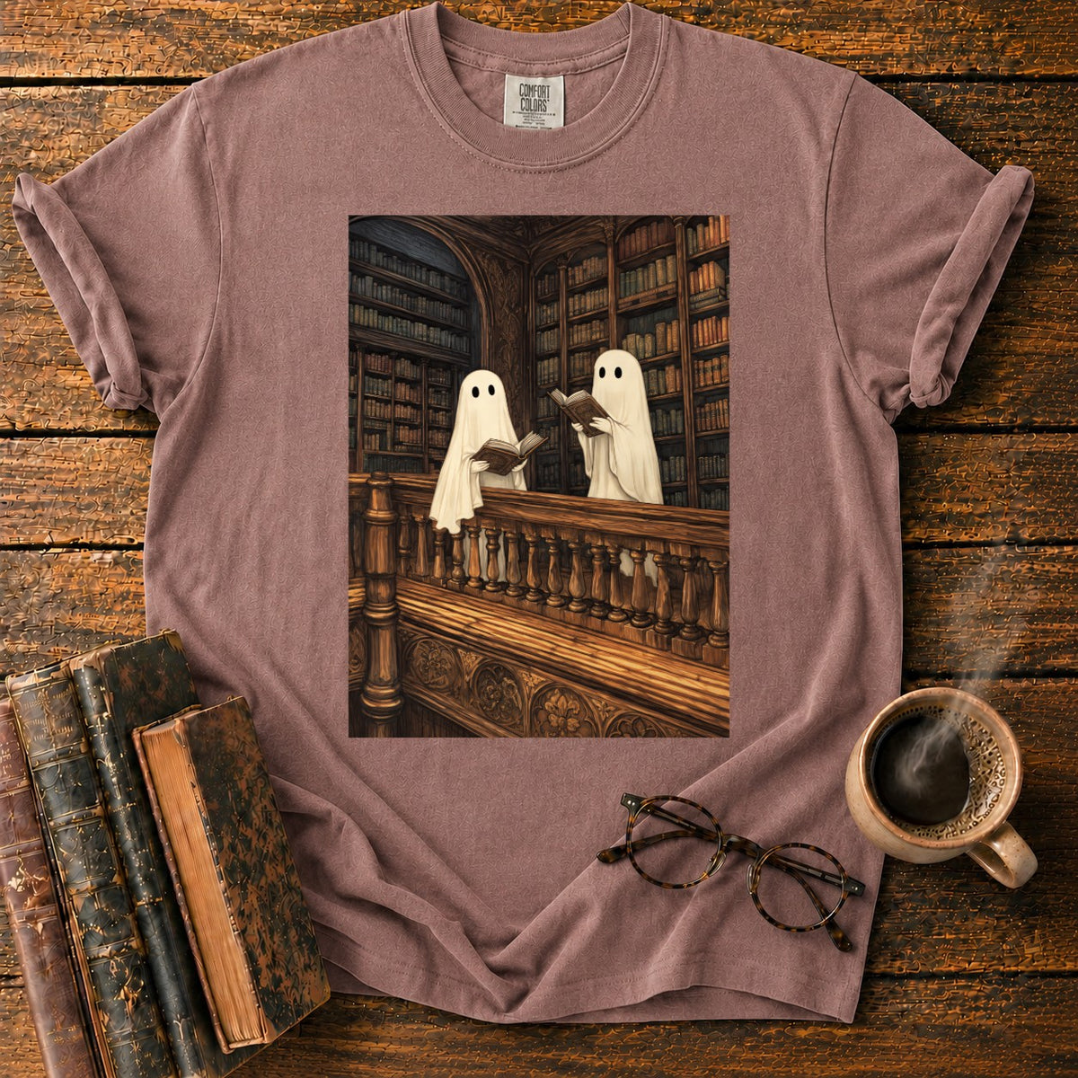 Ghosts Reading Library Balcony T-Shirt in Espresso – BooksThreads