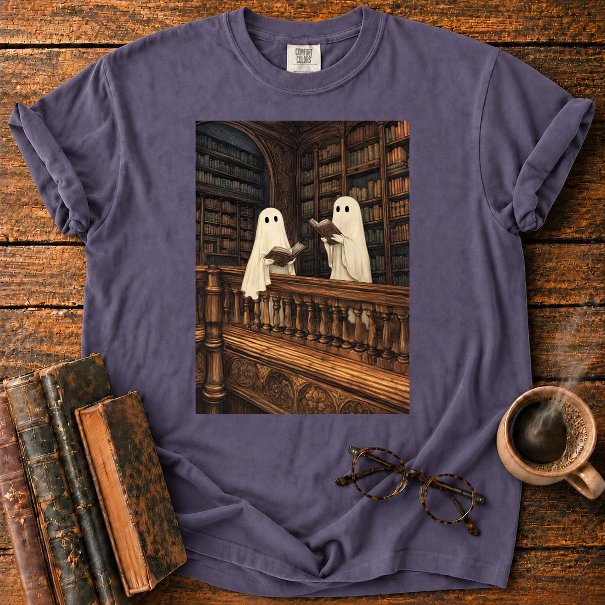 Ghosts Reading Library Balcony T-Shirt in Grape – BooksThreads