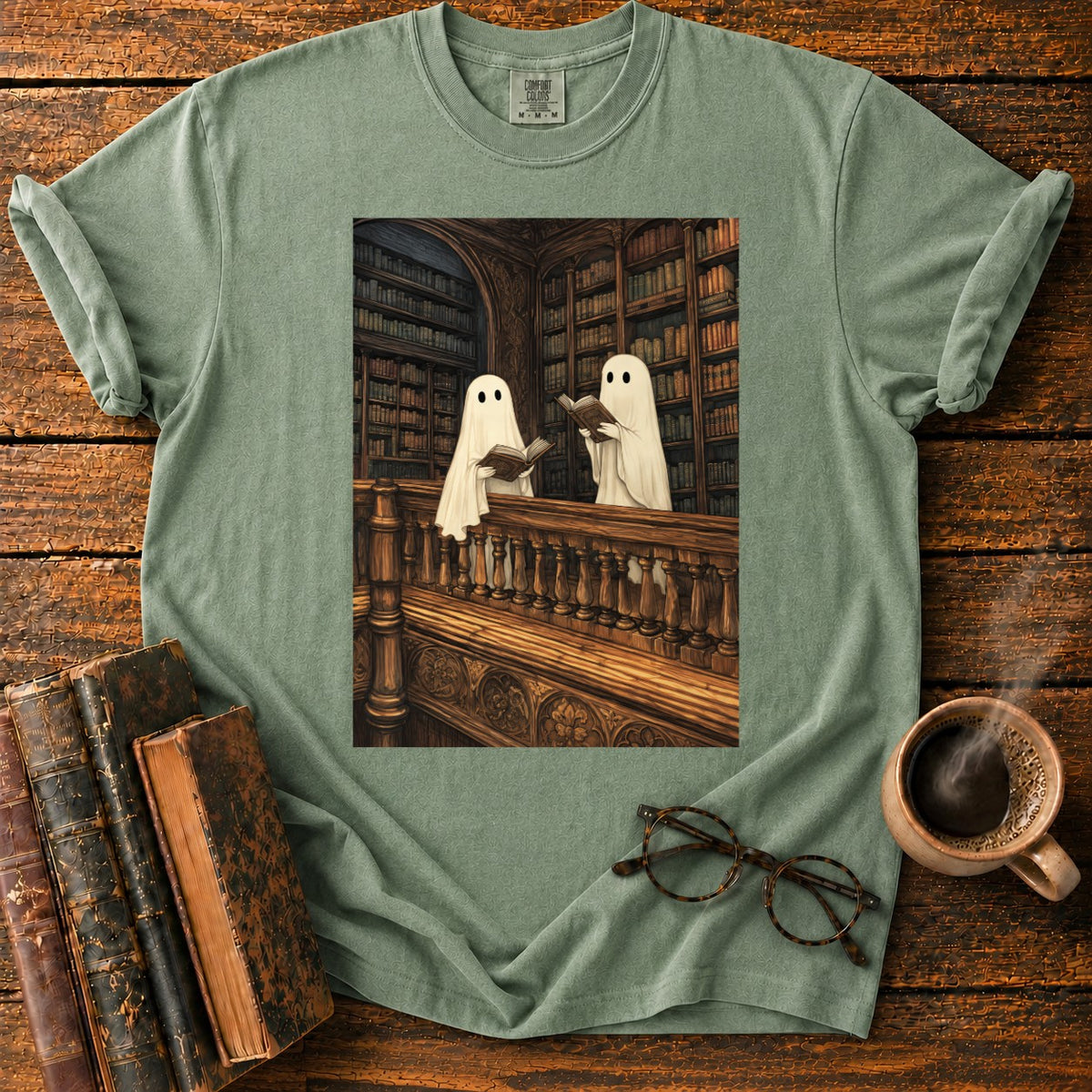 Ghosts Reading Library Balcony T-Shirt in Moss – BooksThreads