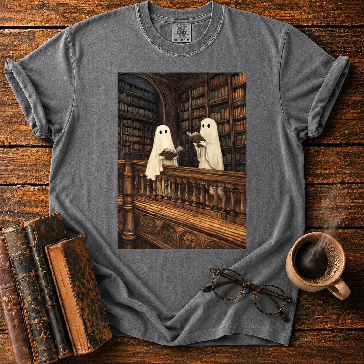 Ghosts Reading Library Balcony T-Shirt in Pepper – BooksThreads