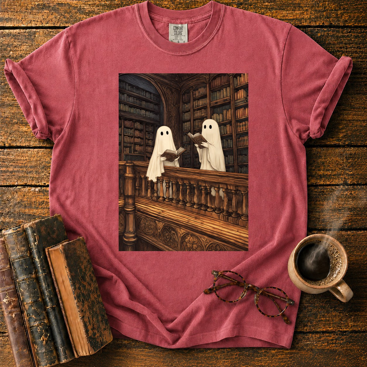 Ghosts Reading Library Balcony T-Shirt in Watermelon – BooksThreads