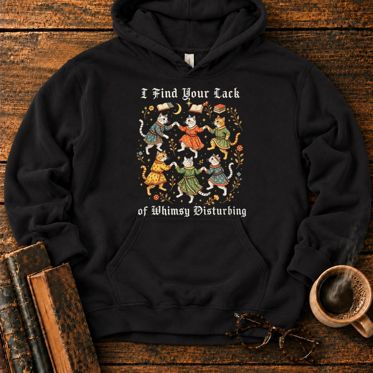Gothic Dancing Cats Among Books And Flowers Hoodie in Black – BooksThreads