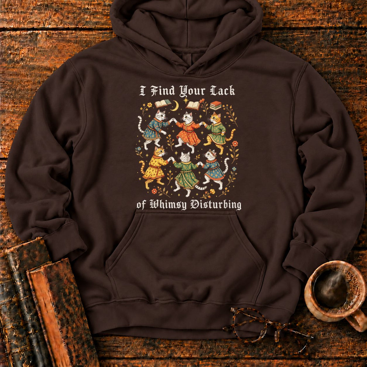 Gothic Dancing Cats Among Books And Flowers Hoodie in Dark Chocolate – BooksThreads