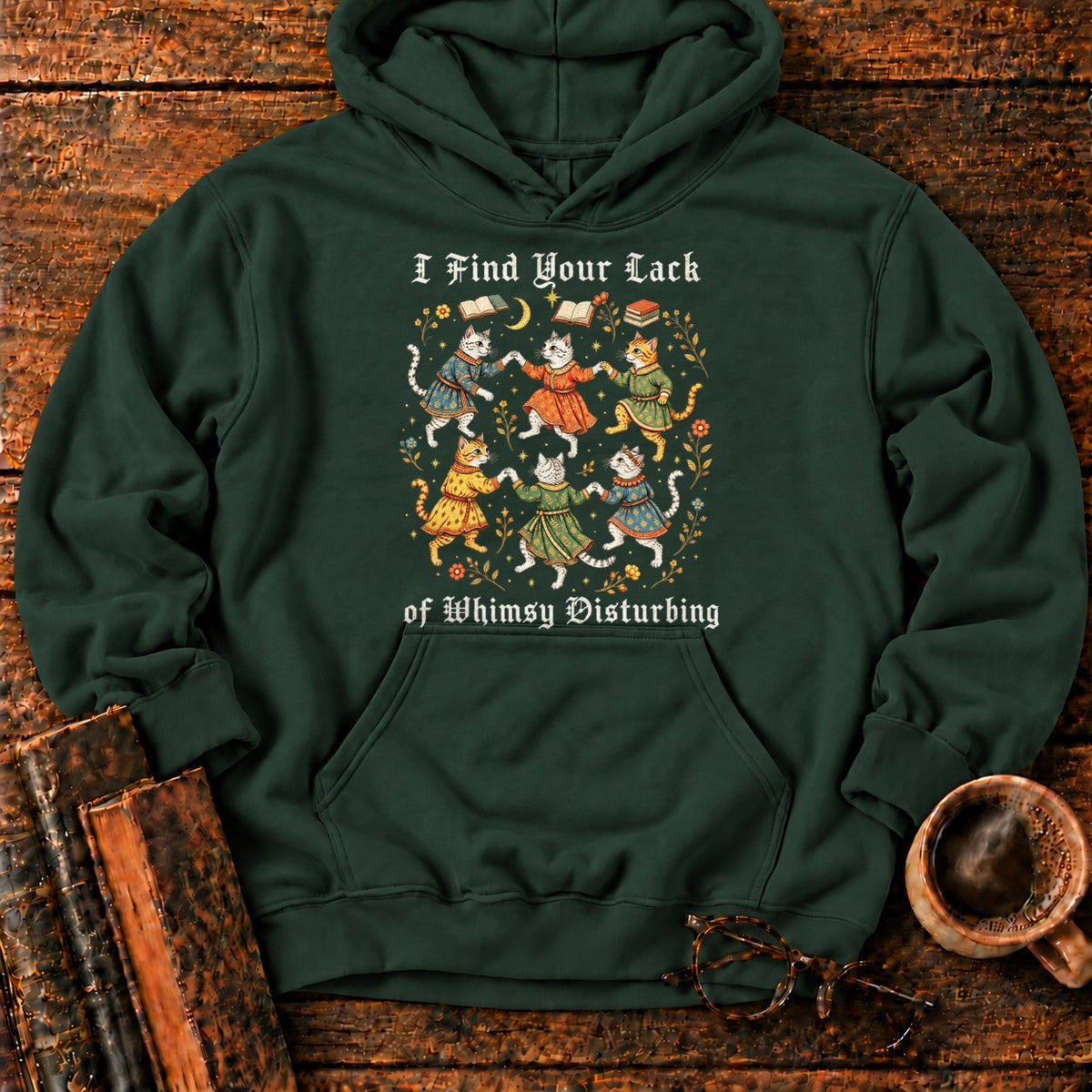 Gothic Dancing Cats Among Books And Flowers Hoodie in Forest Green – BooksThreads
