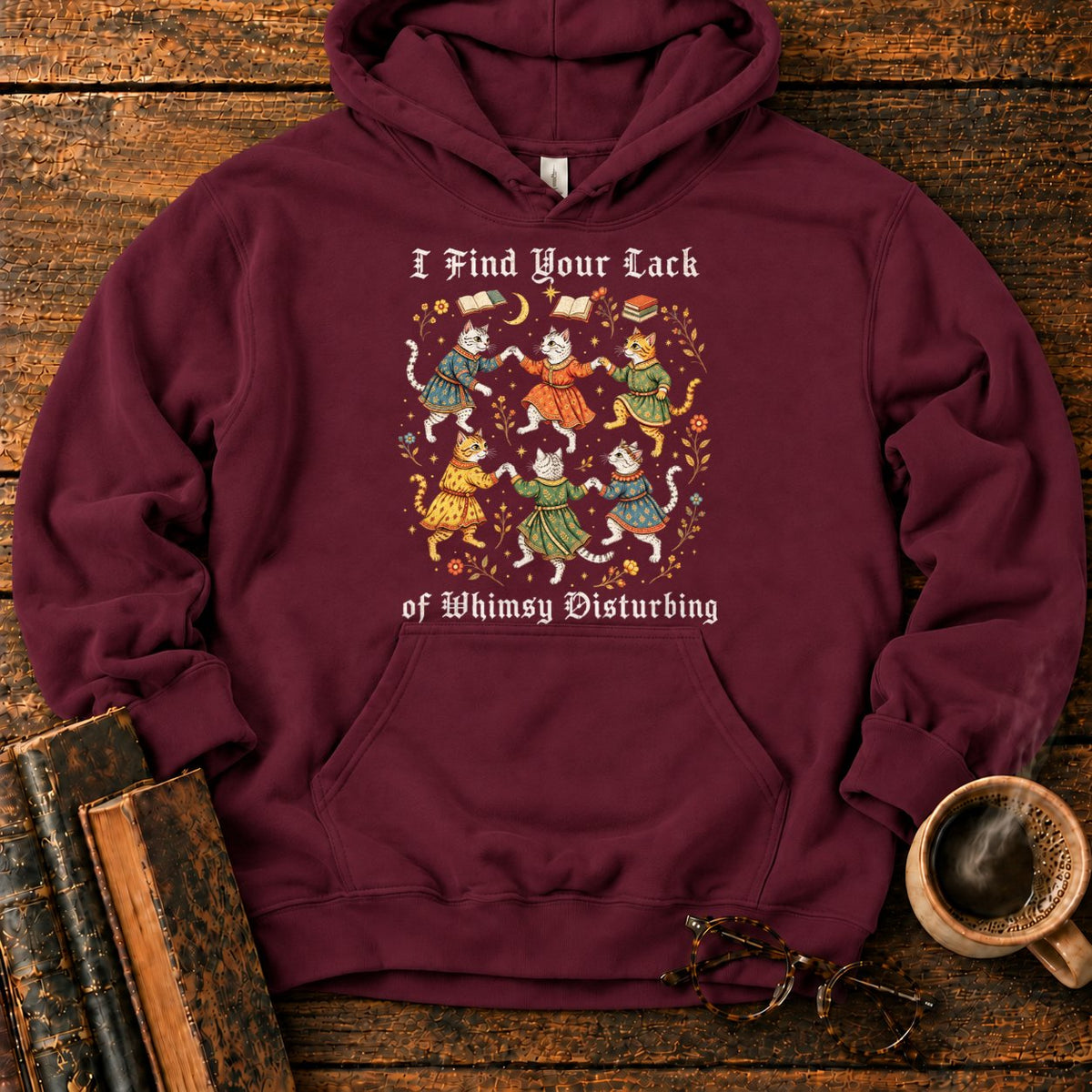 Gothic Dancing Cats Among Books And Flowers Hoodie in Maroon – BooksThreads