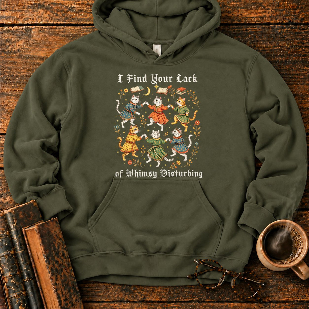Gothic Dancing Cats Among Books And Flowers Hoodie in Military Green – BooksThreads