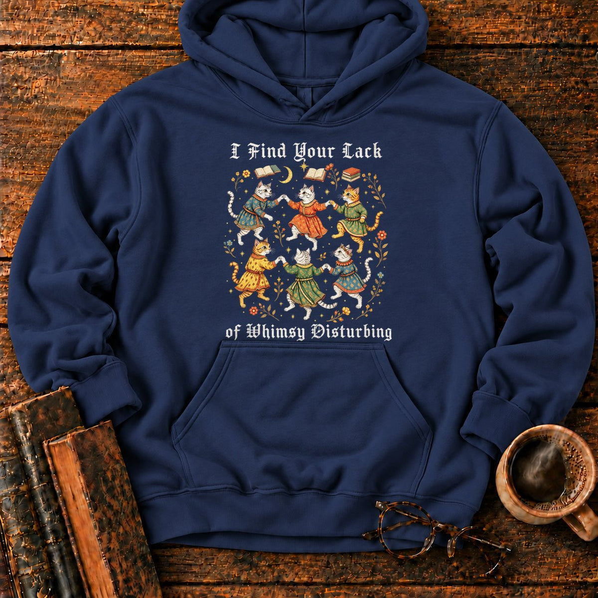 Gothic Dancing Cats Among Books And Flowers Hoodie in Navy – BooksThreads