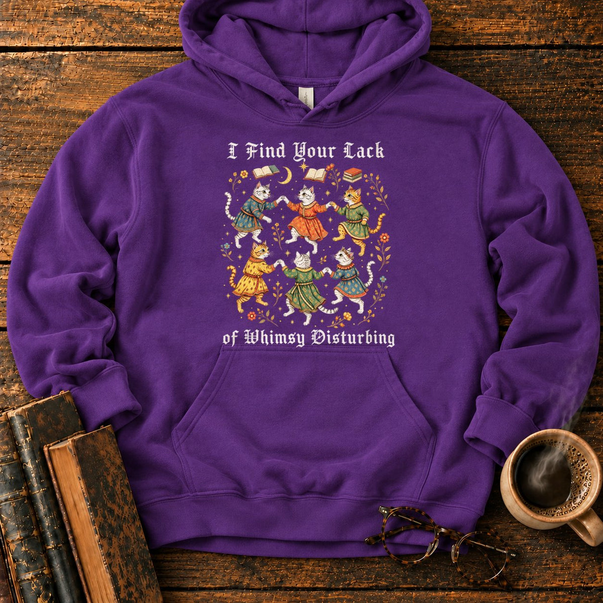 Gothic Dancing Cats Among Books And Flowers Hoodie in Purple – BooksThreads