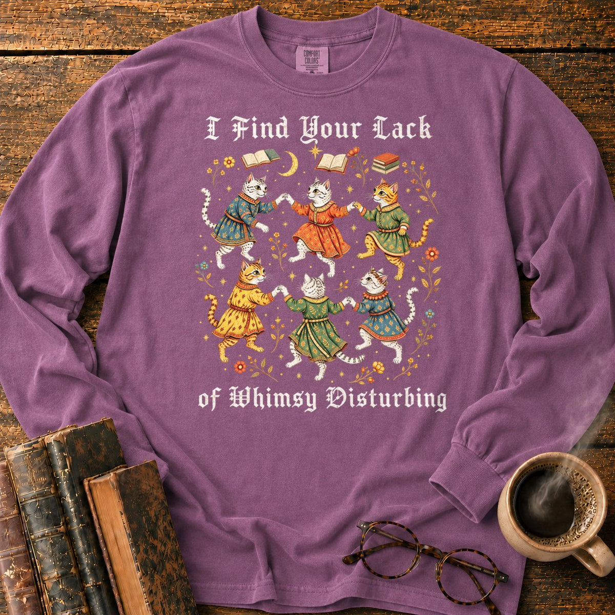 Gothic Dancing Cats Among Books And Flowers LS T-Shirt in Berry – BooksThreads