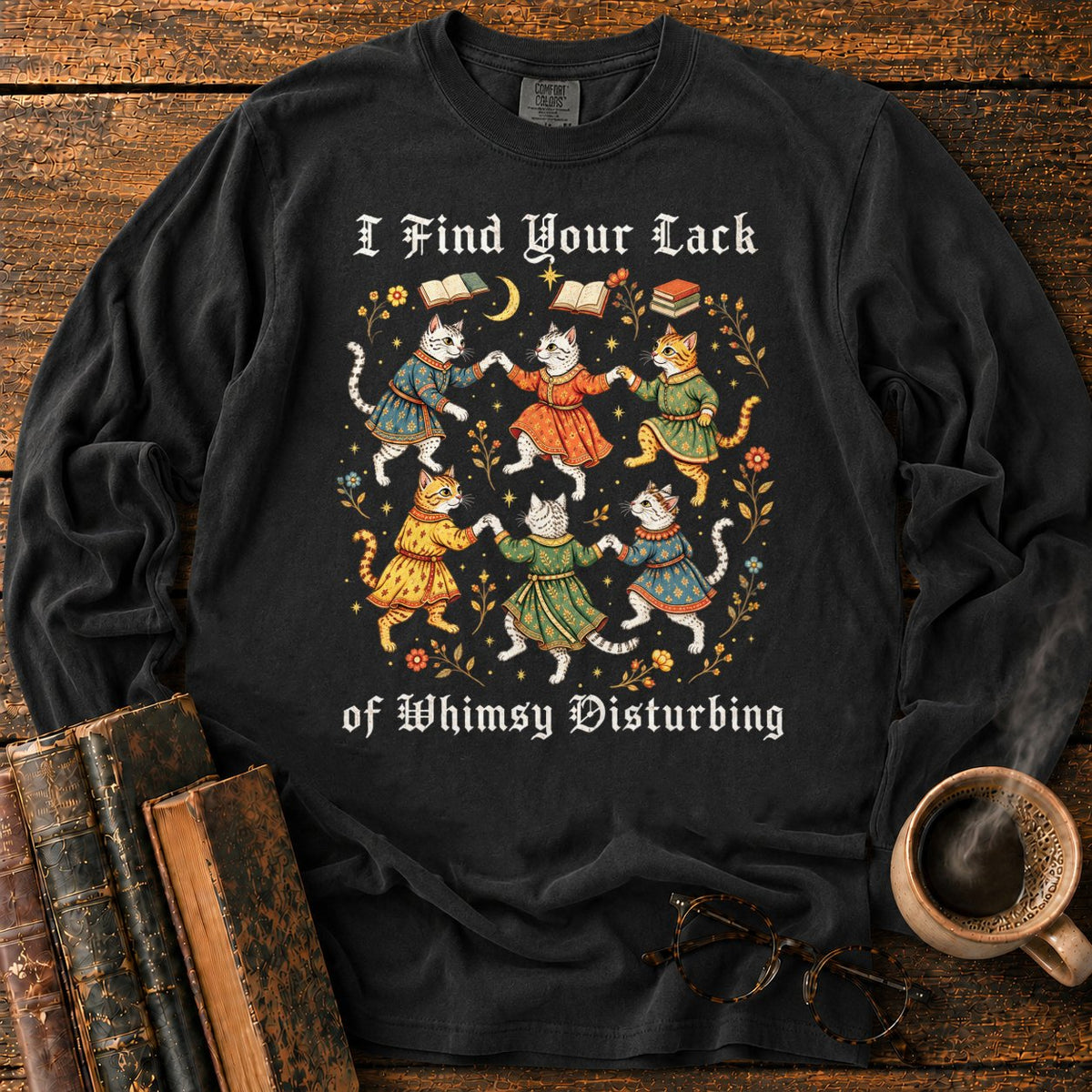 Gothic Dancing Cats Among Books And Flowers LS T-Shirt in Black – BooksThreads