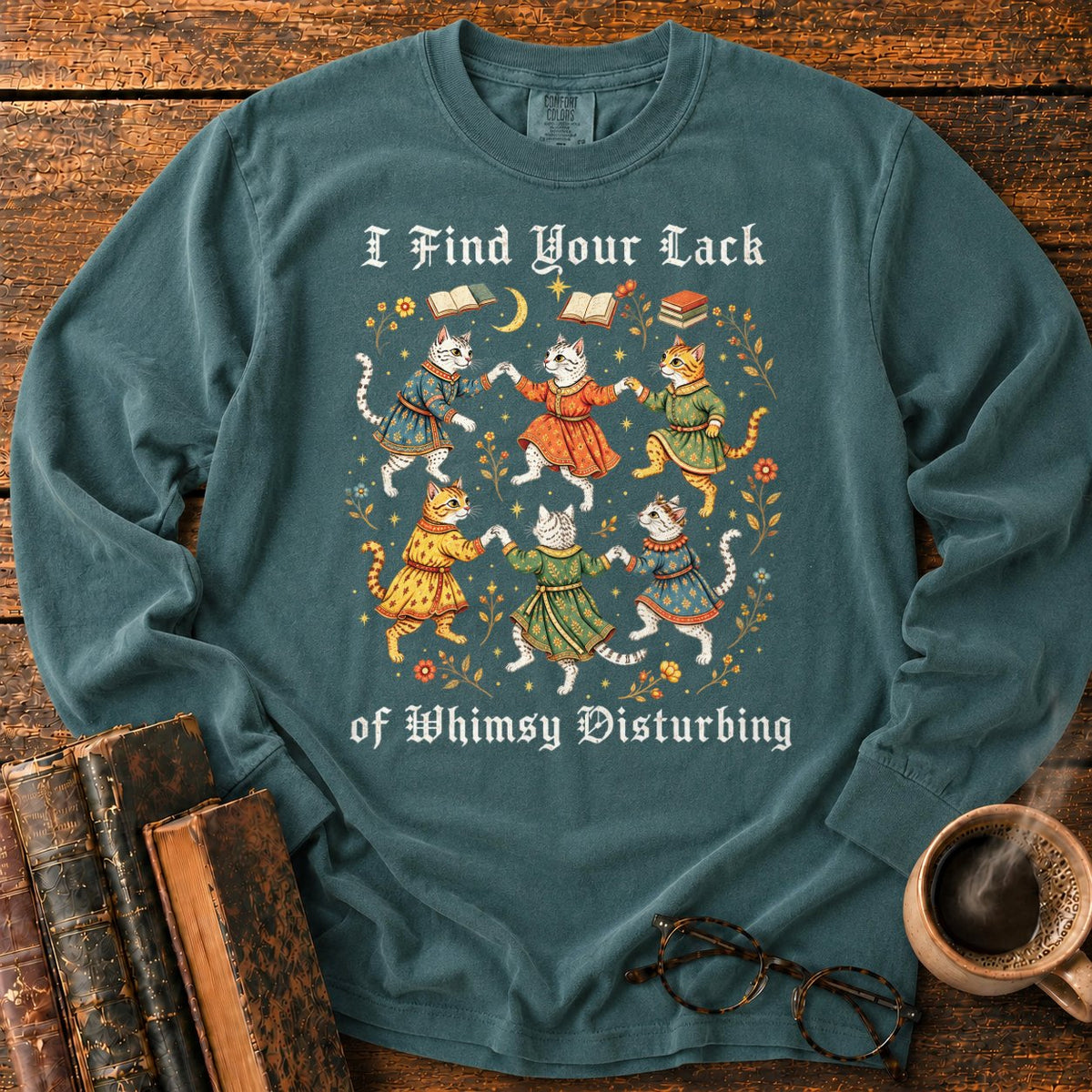 Gothic Dancing Cats Among Books And Flowers LS T-Shirt in Blue Spruce – BooksThreads