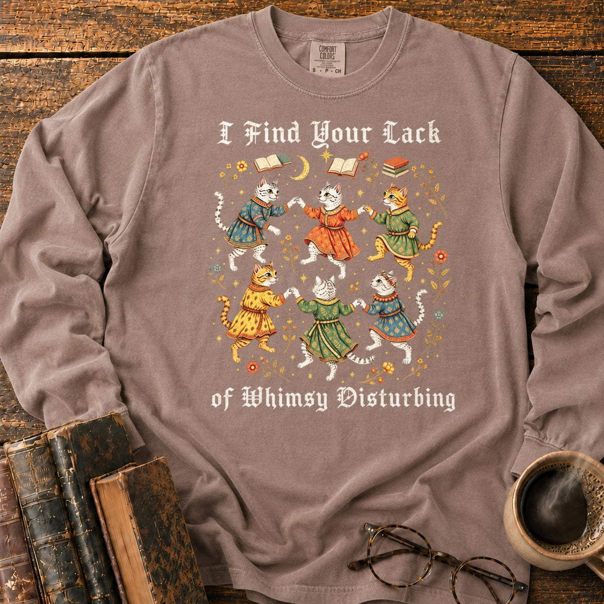 Gothic Dancing Cats Among Books And Flowers LS T-Shirt in Espresso – BooksThreads