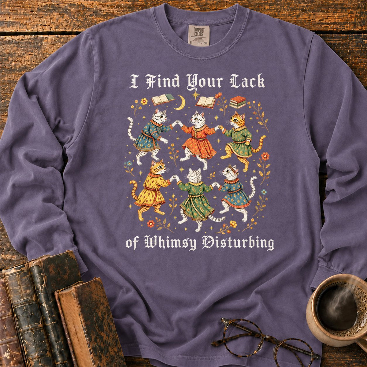 Gothic Dancing Cats Among Books And Flowers LS T-Shirt in Grape – BooksThreads