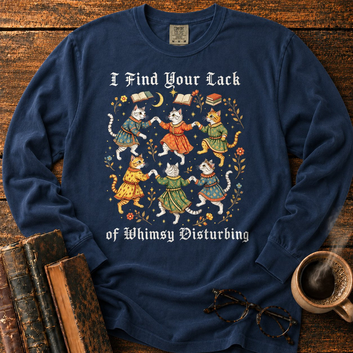 Gothic Dancing Cats Among Books And Flowers LS T-Shirt in Midnight – BooksThreads