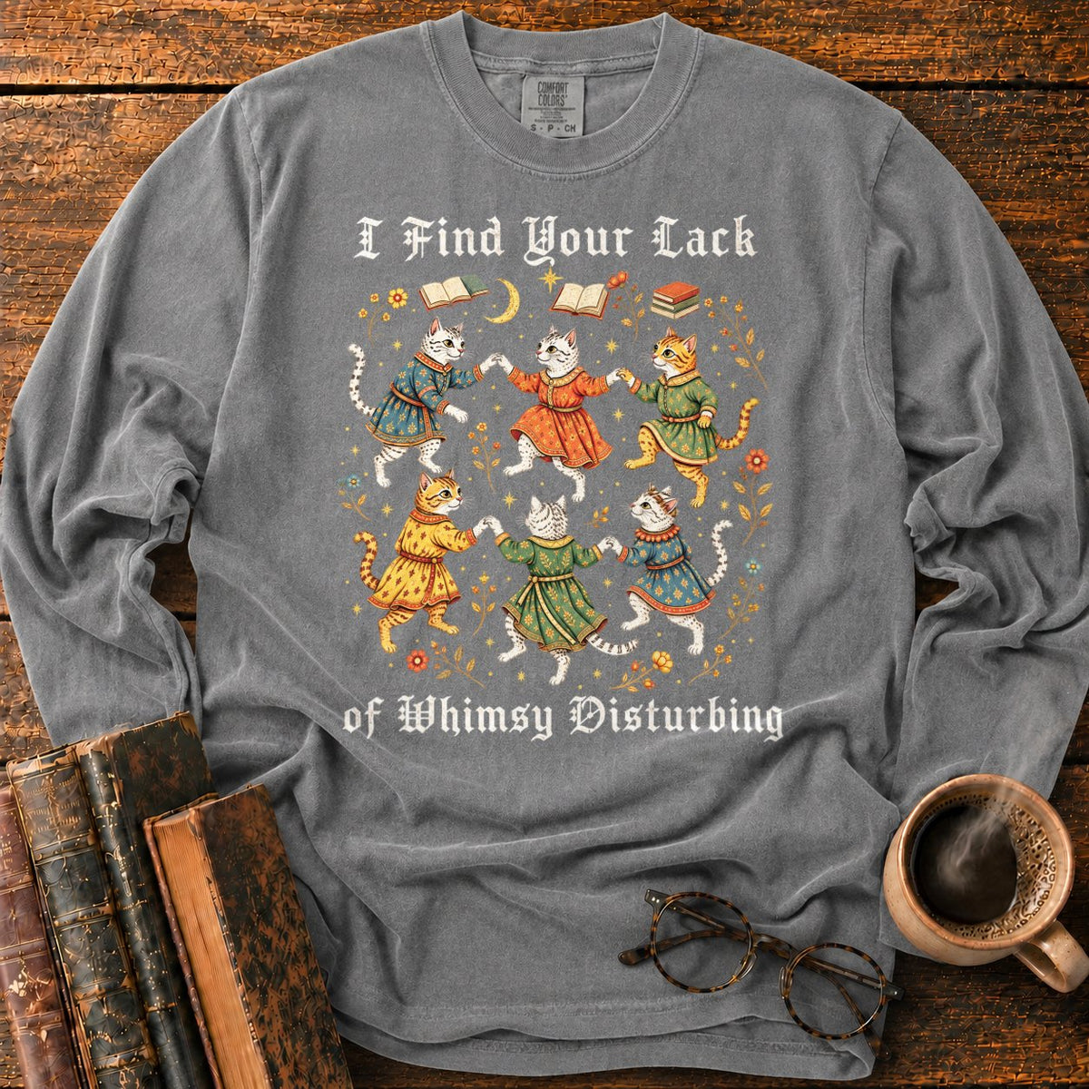 Gothic Dancing Cats Among Books And Flowers LS T-Shirt in Pepper – BooksThreads