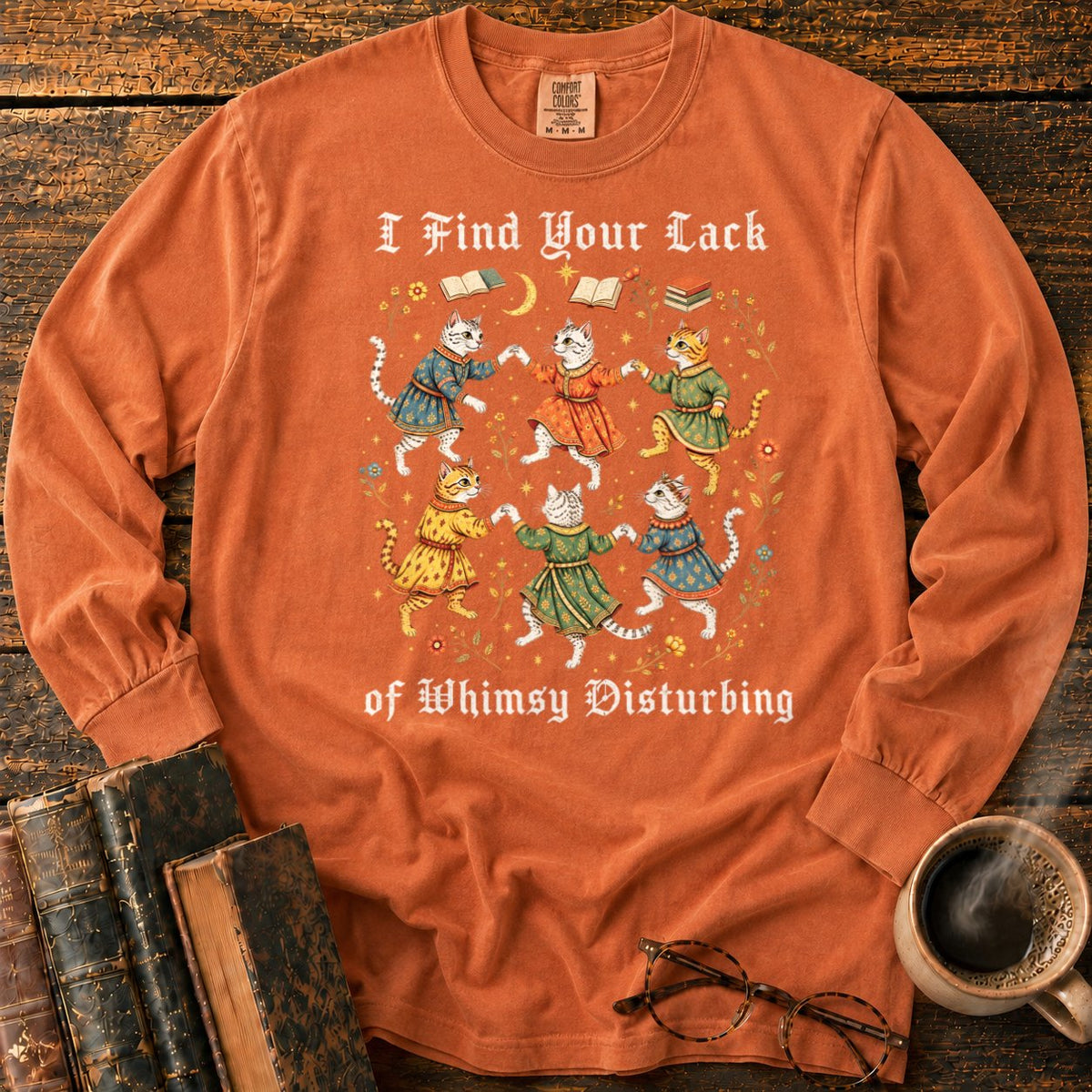 Gothic Dancing Cats Among Books And Flowers LS T-Shirt in Yam – BooksThreads