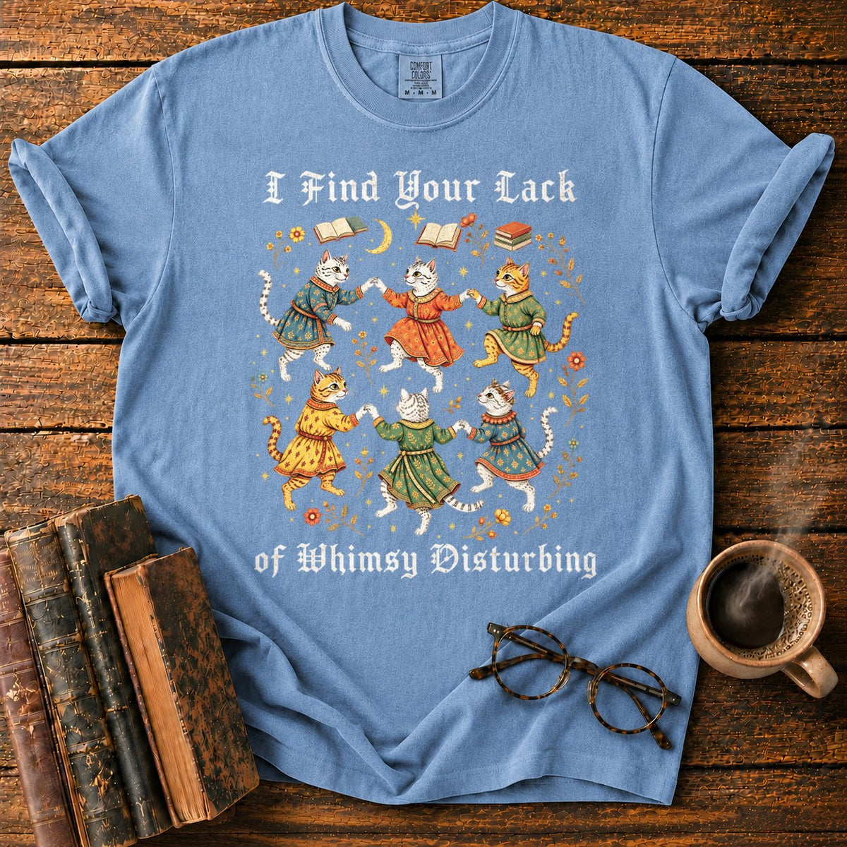 Gothic Dancing Cats Among Books And Flowers T-Shirt in Blue Jean – BooksThreads