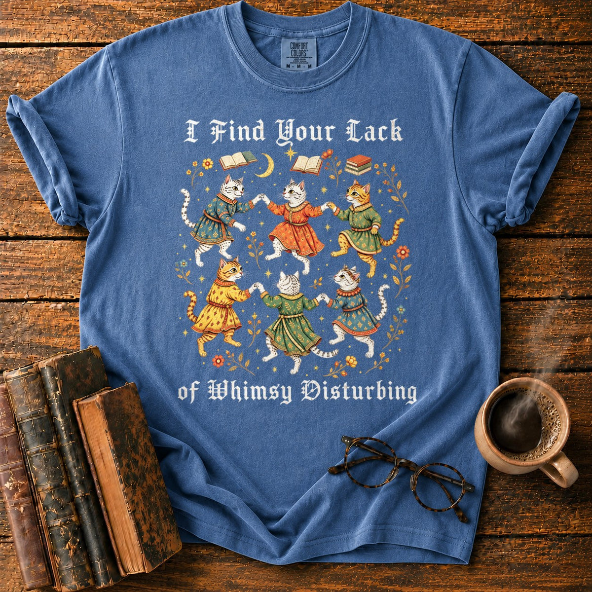 Gothic Dancing Cats Among Books And Flowers T-Shirt in Denim – BooksThreads