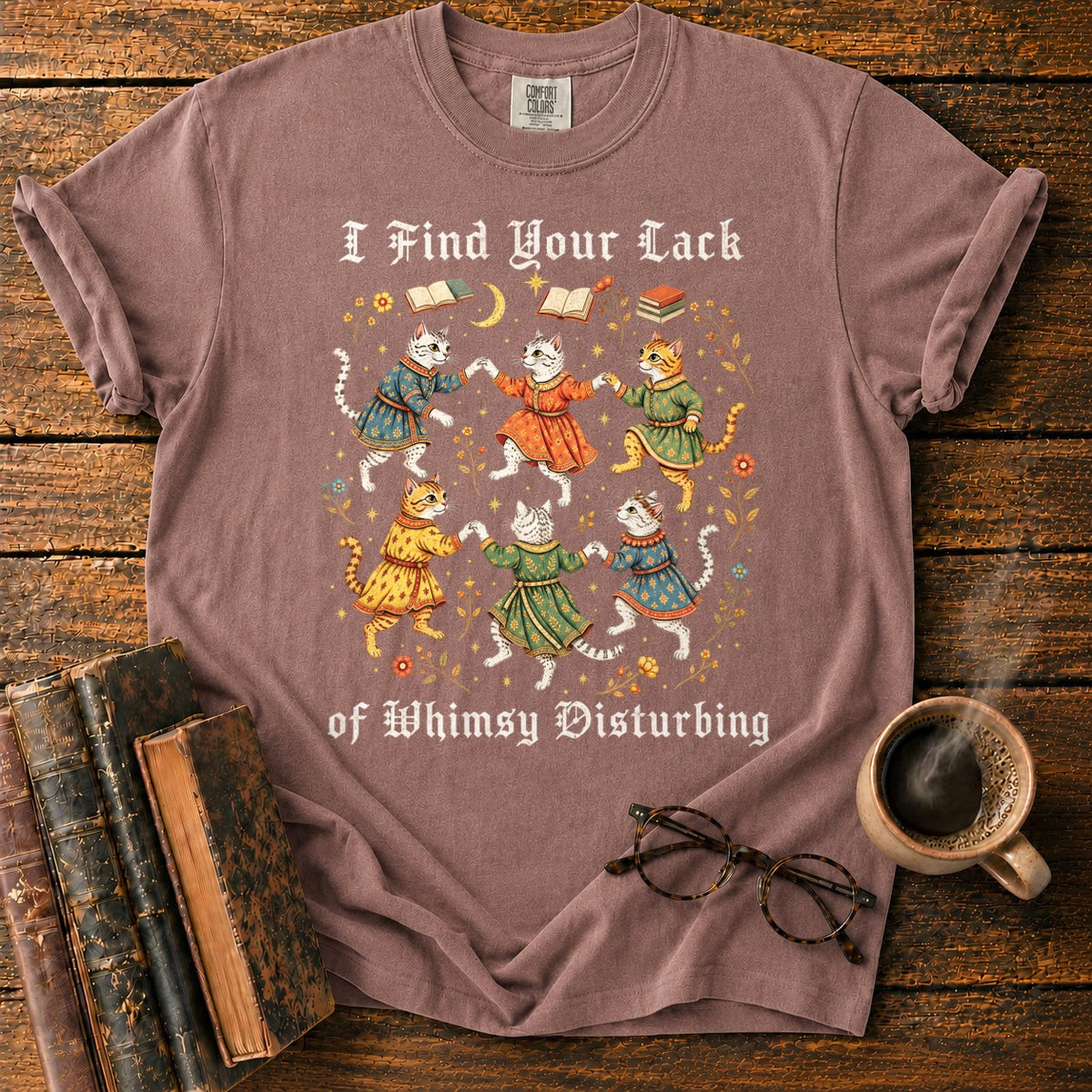 Gothic Dancing Cats Among Books And Flowers T-Shirt in Espresso – BooksThreads