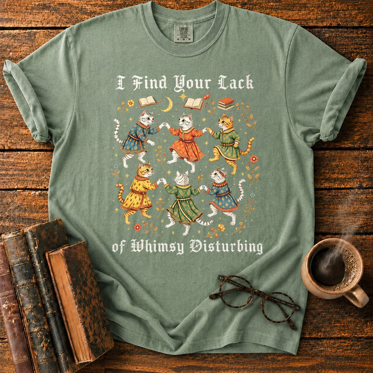 Gothic Dancing Cats Among Books And Flowers T-Shirt in Moss – BooksThreads