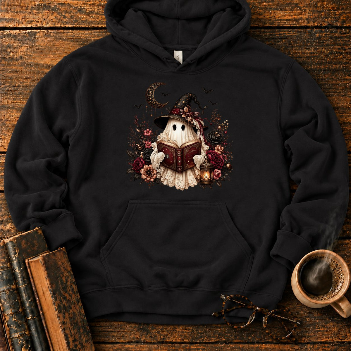 Gothic Ghost With Lantern And Roses Hoodie in Black – BooksThreads