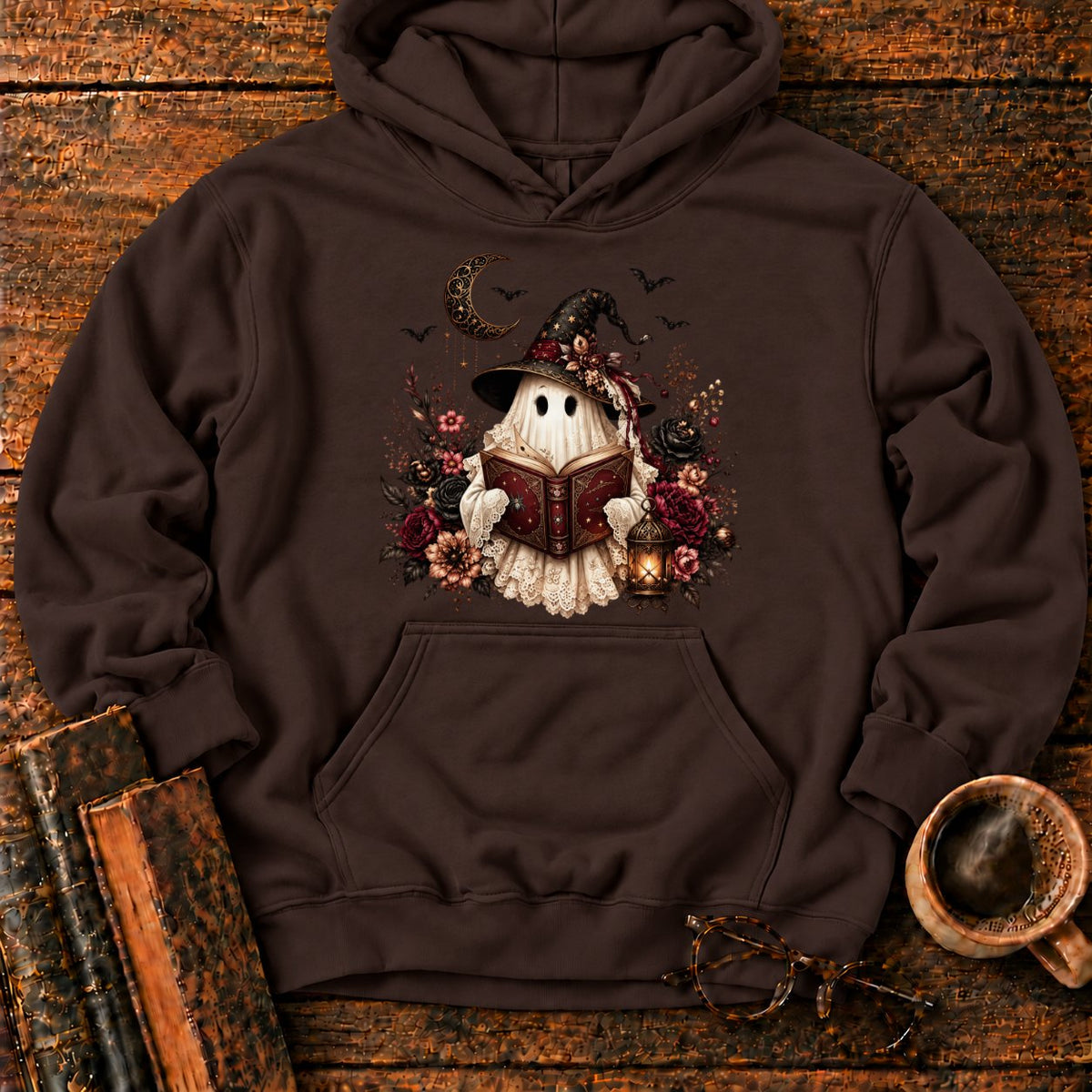 Gothic Ghost With Lantern And Roses Hoodie in Dark Chocolate – BooksThreads