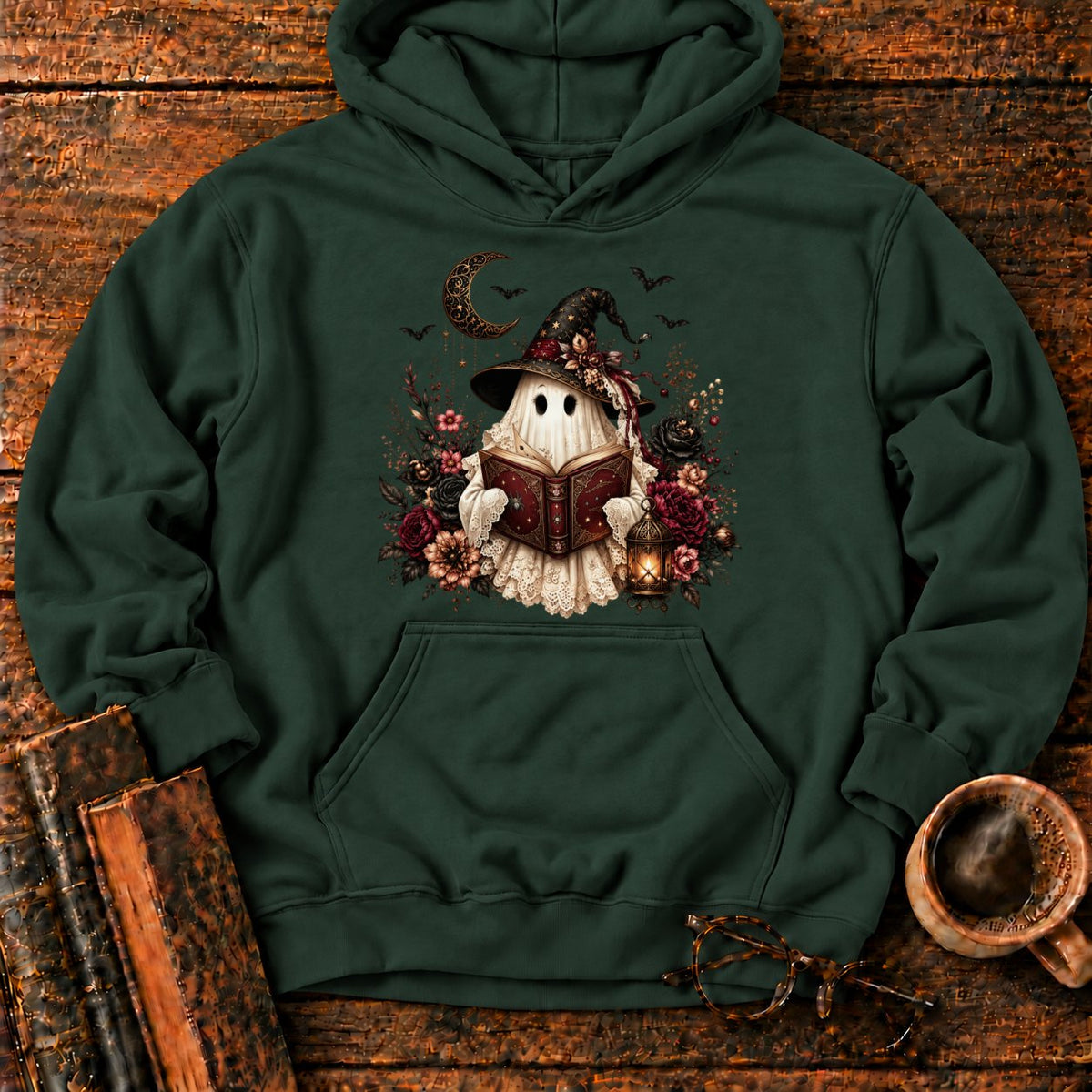 Gothic Ghost With Lantern And Roses Hoodie in Forest Green – BooksThreads