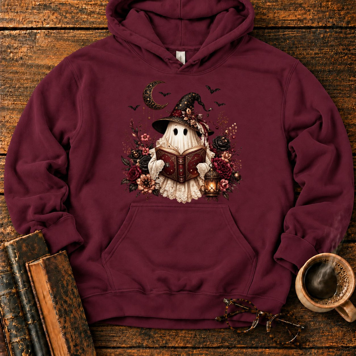 Gothic Ghost With Lantern And Roses Hoodie in Maroon – BooksThreads