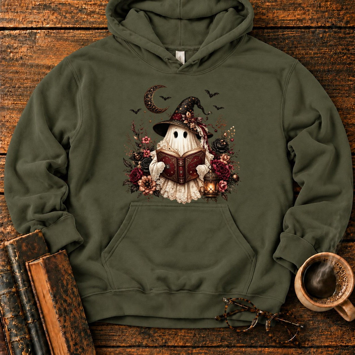 Gothic Ghost With Lantern And Roses Hoodie in Military Green – BooksThreads