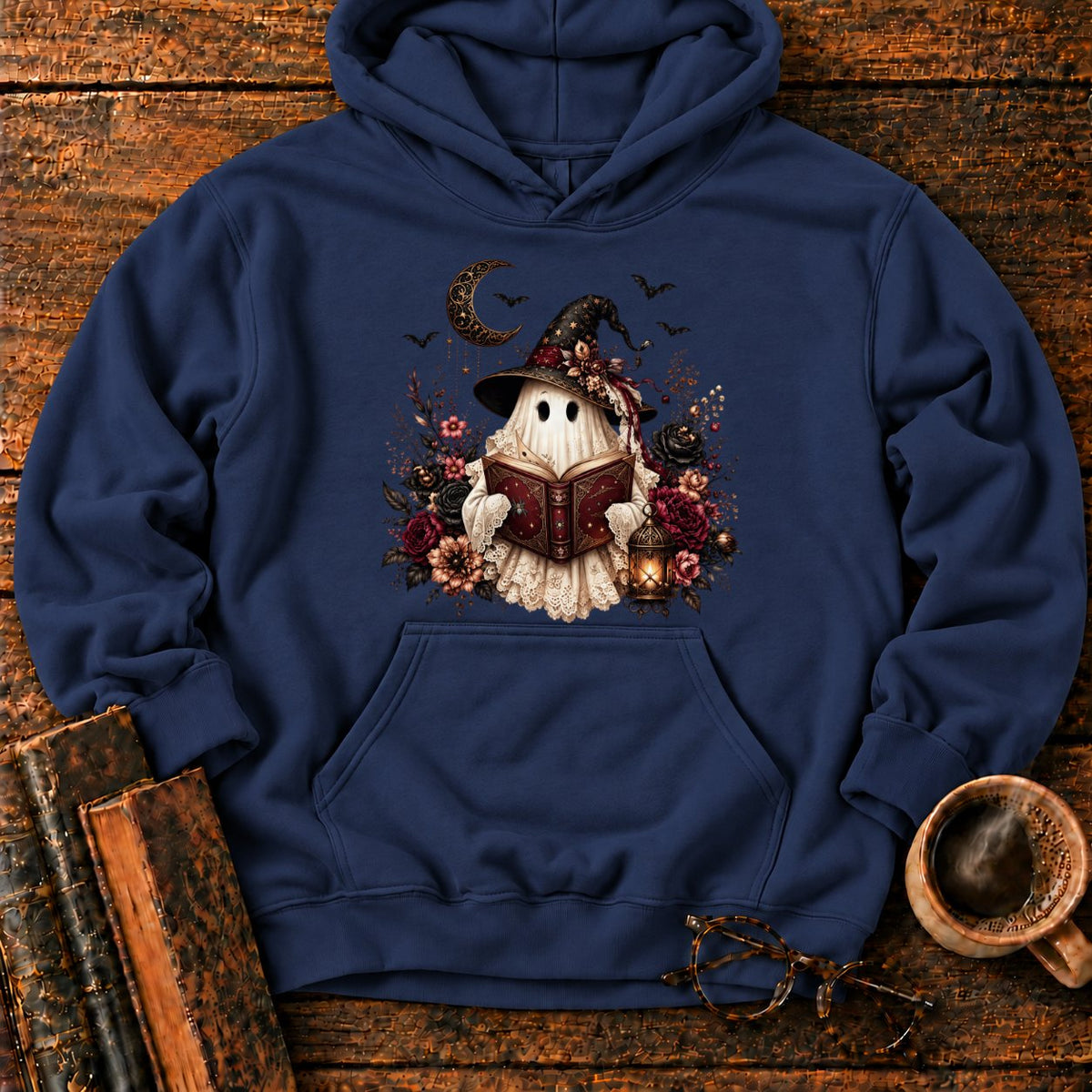 Gothic Ghost With Lantern And Roses Hoodie in Navy – BooksThreads