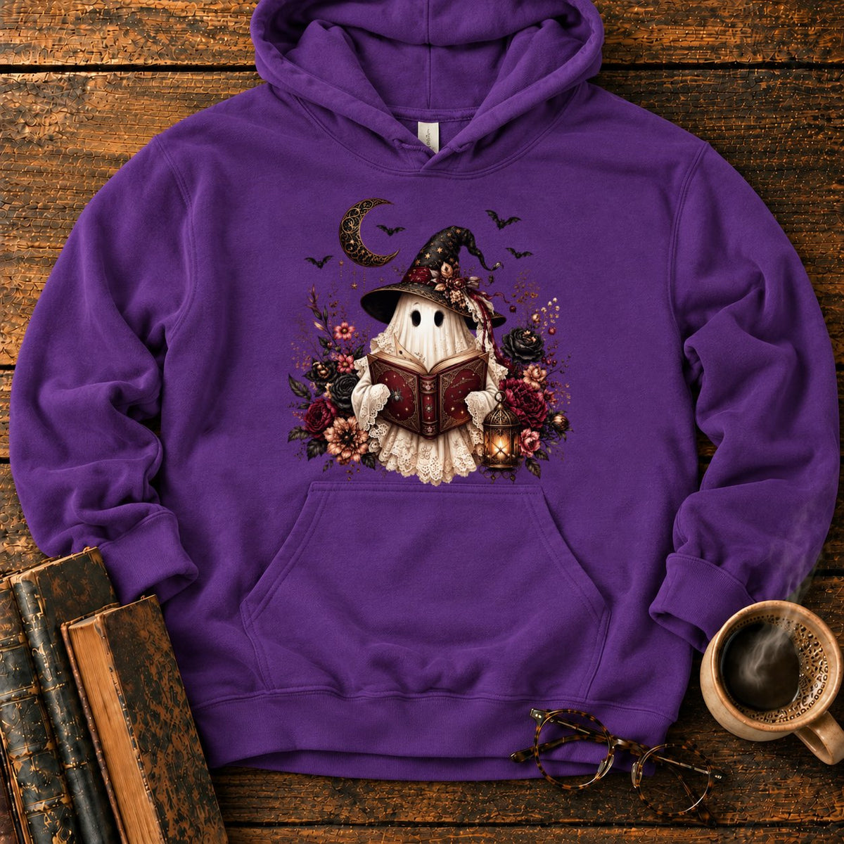Gothic Ghost With Lantern And Roses Hoodie in Purple – BooksThreads