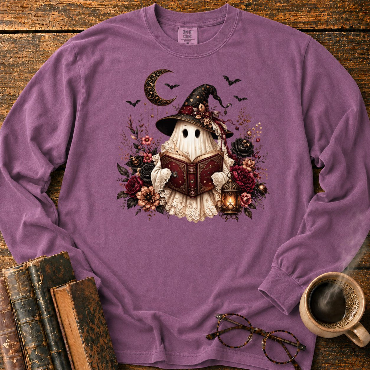 Gothic Ghost With Lantern And Roses LS T-Shirt in Berry – BooksThreads