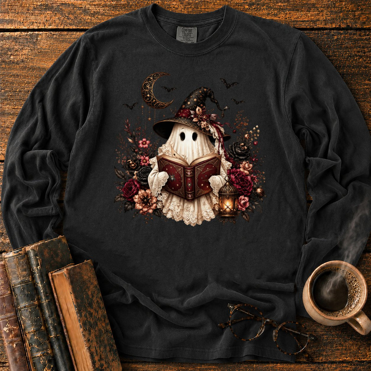 Gothic Ghost With Lantern And Roses LS T-Shirt in Black – BooksThreads