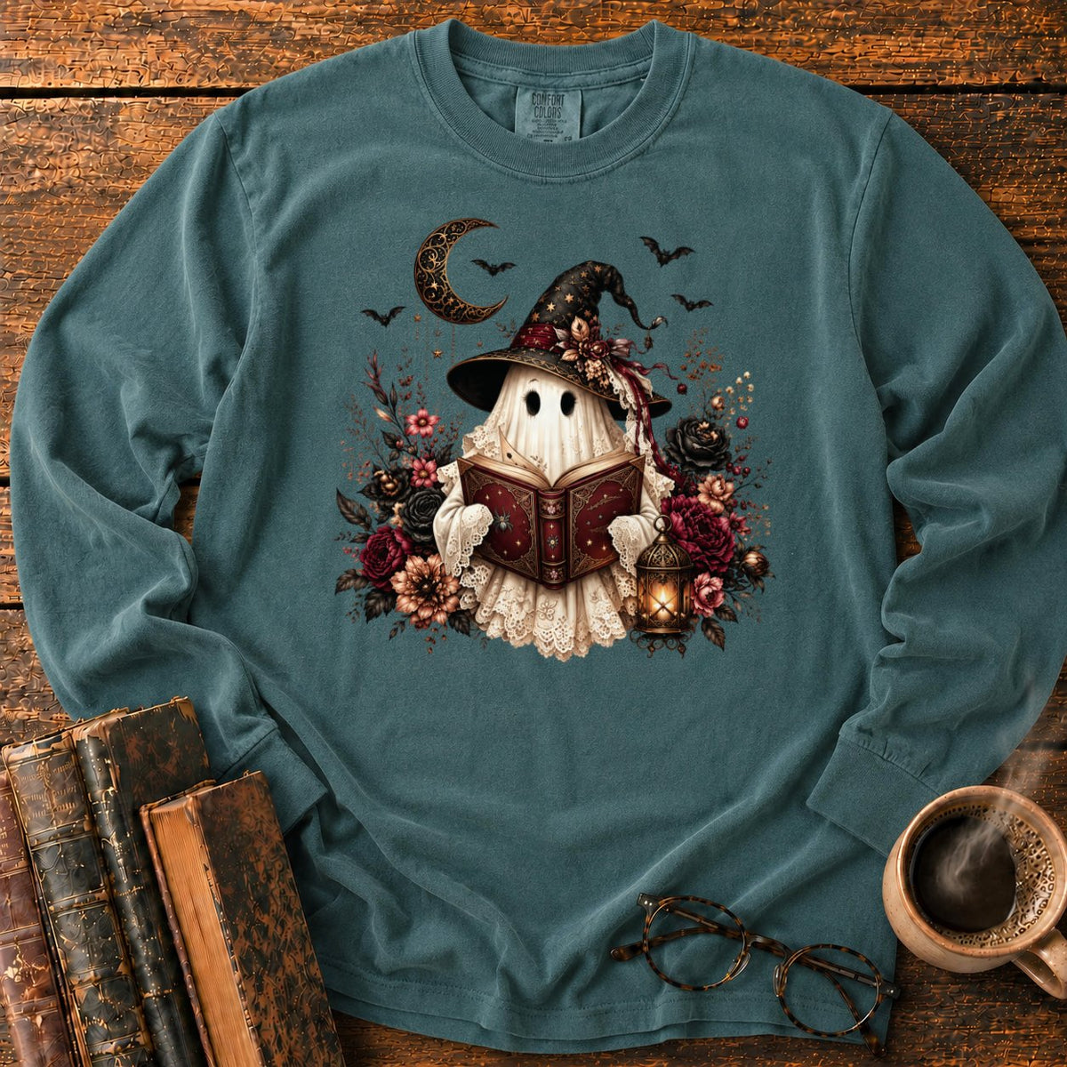 Gothic Ghost With Lantern And Roses LS T-Shirt in Blue Spruce – BooksThreads