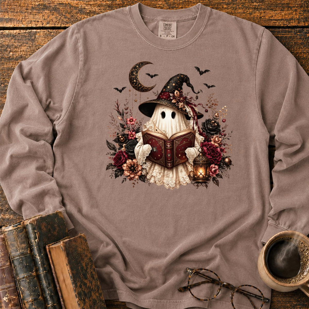 Gothic Ghost With Lantern And Roses LS T-Shirt in Espresso – BooksThreads