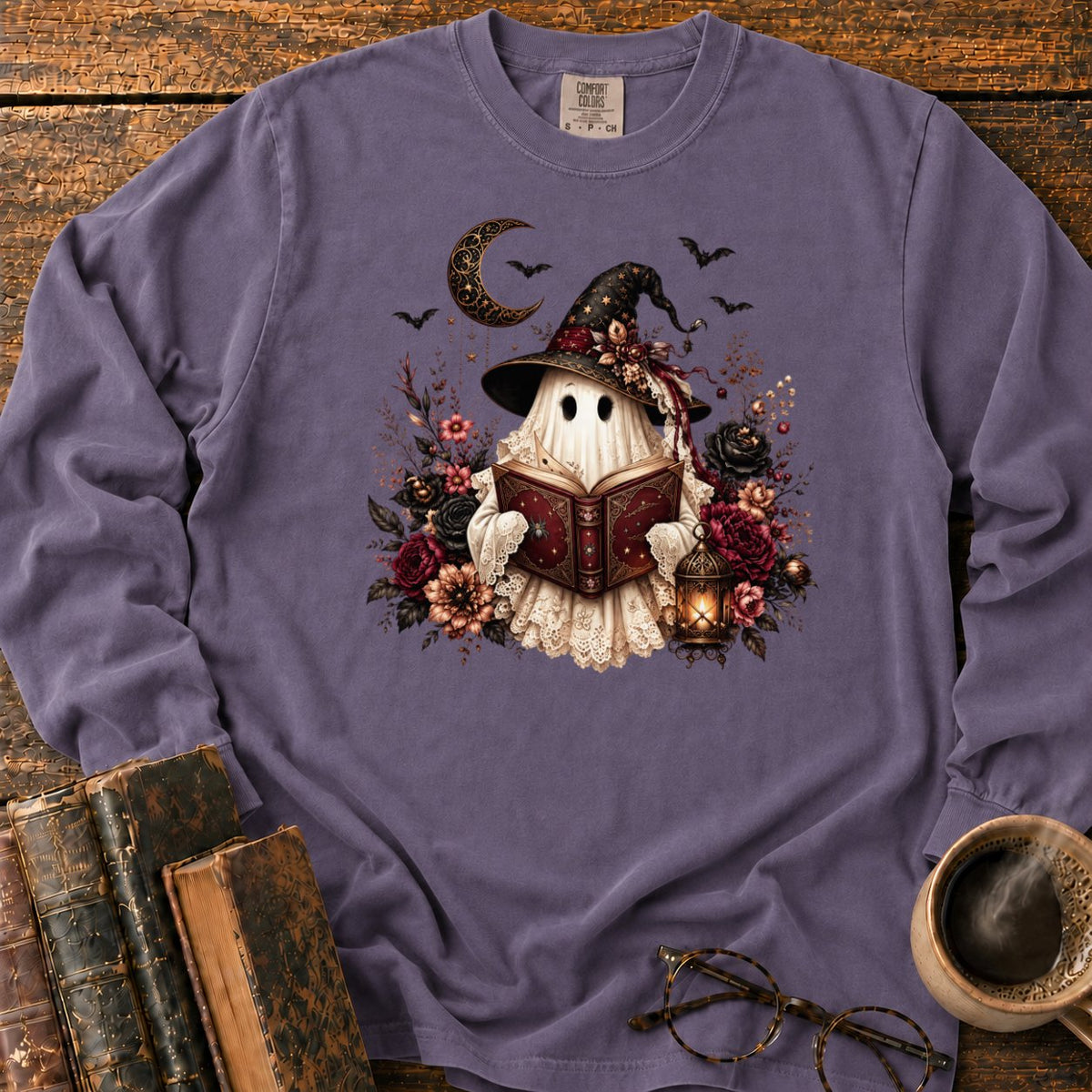 Gothic Ghost With Lantern And Roses LS T-Shirt in Grape – BooksThreads