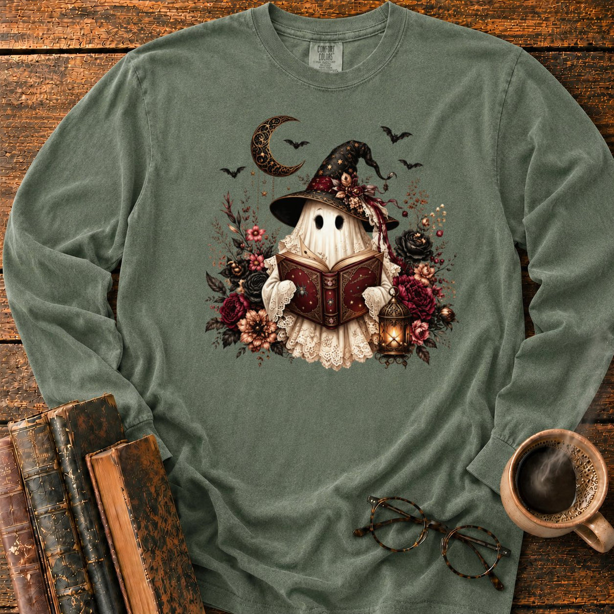 Gothic Ghost With Lantern And Roses LS T-Shirt in Hemp – BooksThreads