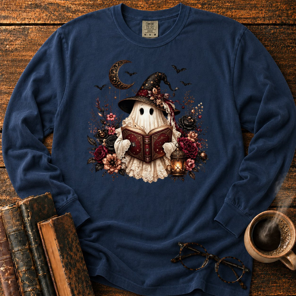Gothic Ghost With Lantern And Roses LS T-Shirt in Midnight – BooksThreads