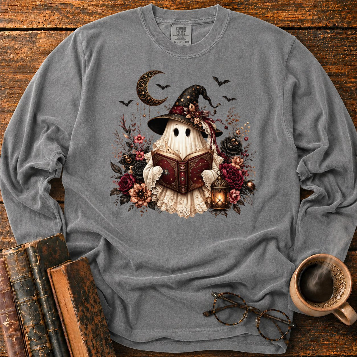 Gothic Ghost With Lantern And Roses LS T-Shirt in Pepper – BooksThreads