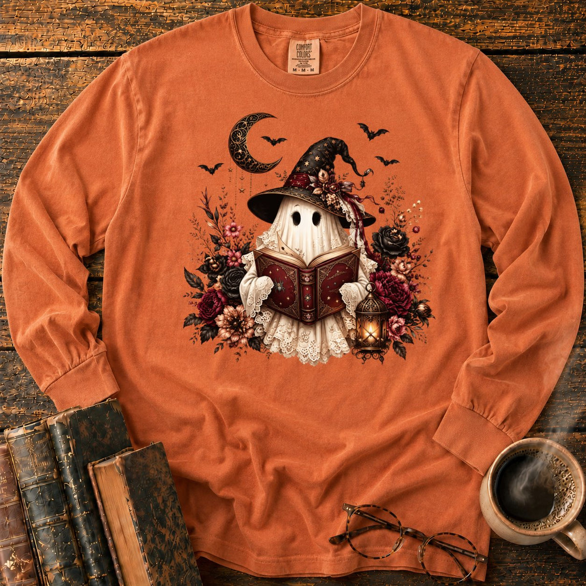 Gothic Ghost With Lantern And Roses LS T-Shirt in Yam – BooksThreads